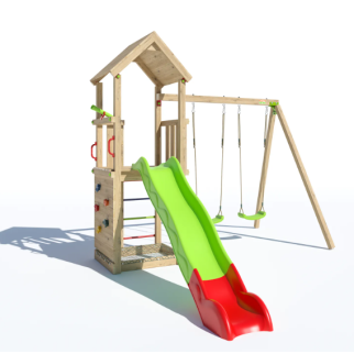 SMART XPLORER - Tour toit en bois, plate-forme hauteur 1,20 m + toboggan 2,63 m de glisse + télescope +1 bac à sable avec filet
